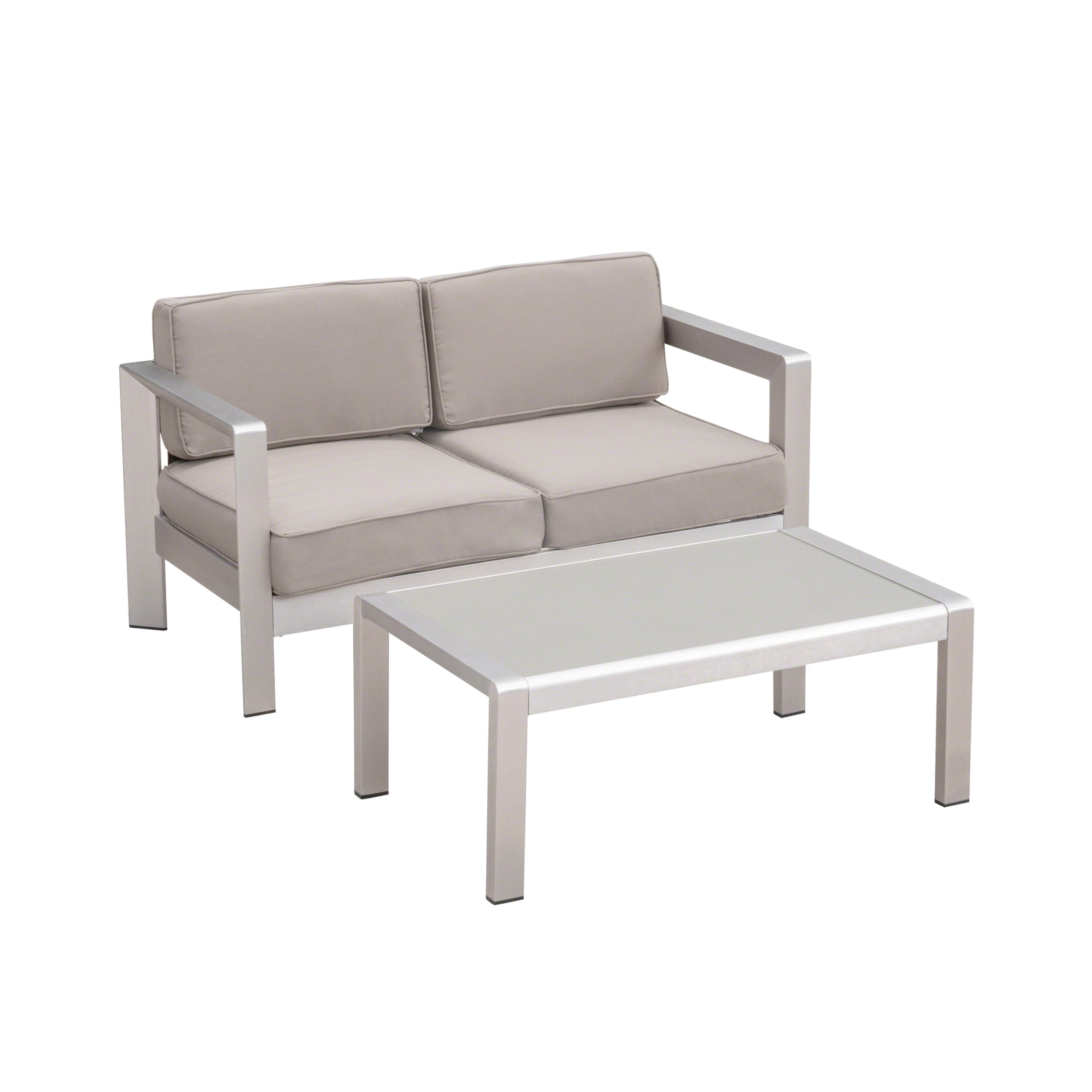 Trevor Outdoor Aluminum Loveseat and Tempered Glass-Topped Coffee Table, Silver, Khaki