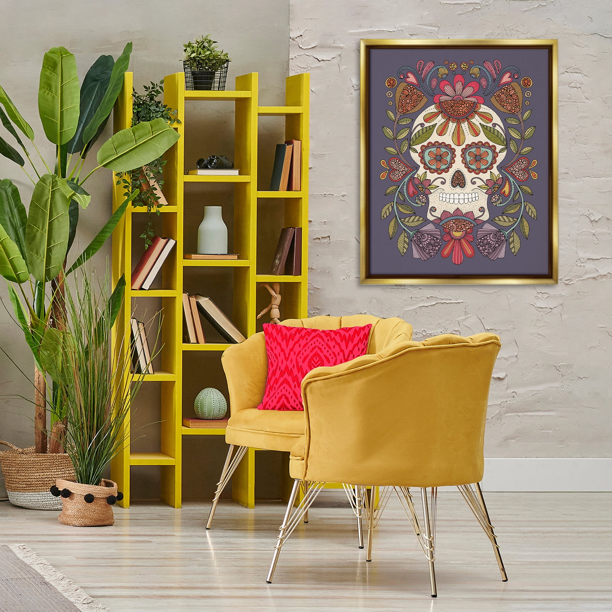 Stupell Industries Patterned Sugar Skull Holiday Painting Gold Floater Framed Art Print Wall Art, 25 x 31