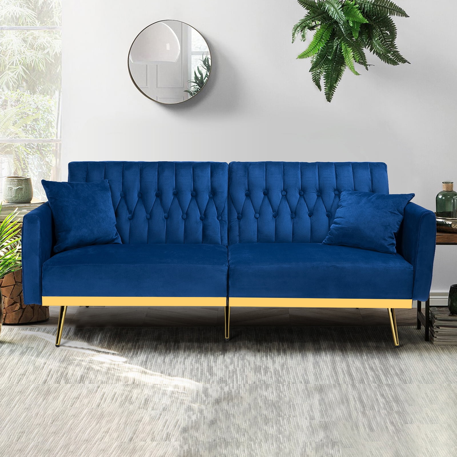 ACMEASE 70” Velvet Futon Sofa Bed with Adjustable Armrests and 2 Pillows, Convertible Futon Couch, Blue
