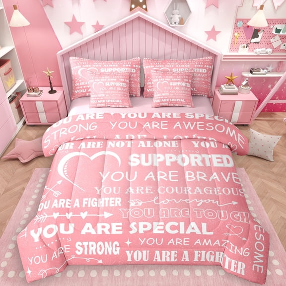 Manfei Pink Romantic Cartoon 7-Piece Twin Bedding Sets, Inspirational Words Bedding Comforter Set, Teens Kids Girls Female Reversible Sheet Sets, Luxury Bedroom Decor
