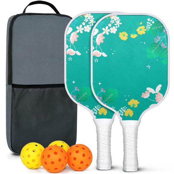 Pickleball Paddles Set Of 2, Fiberglass Surface, Spring Flowers Floral Print, 4 Balls & Bag