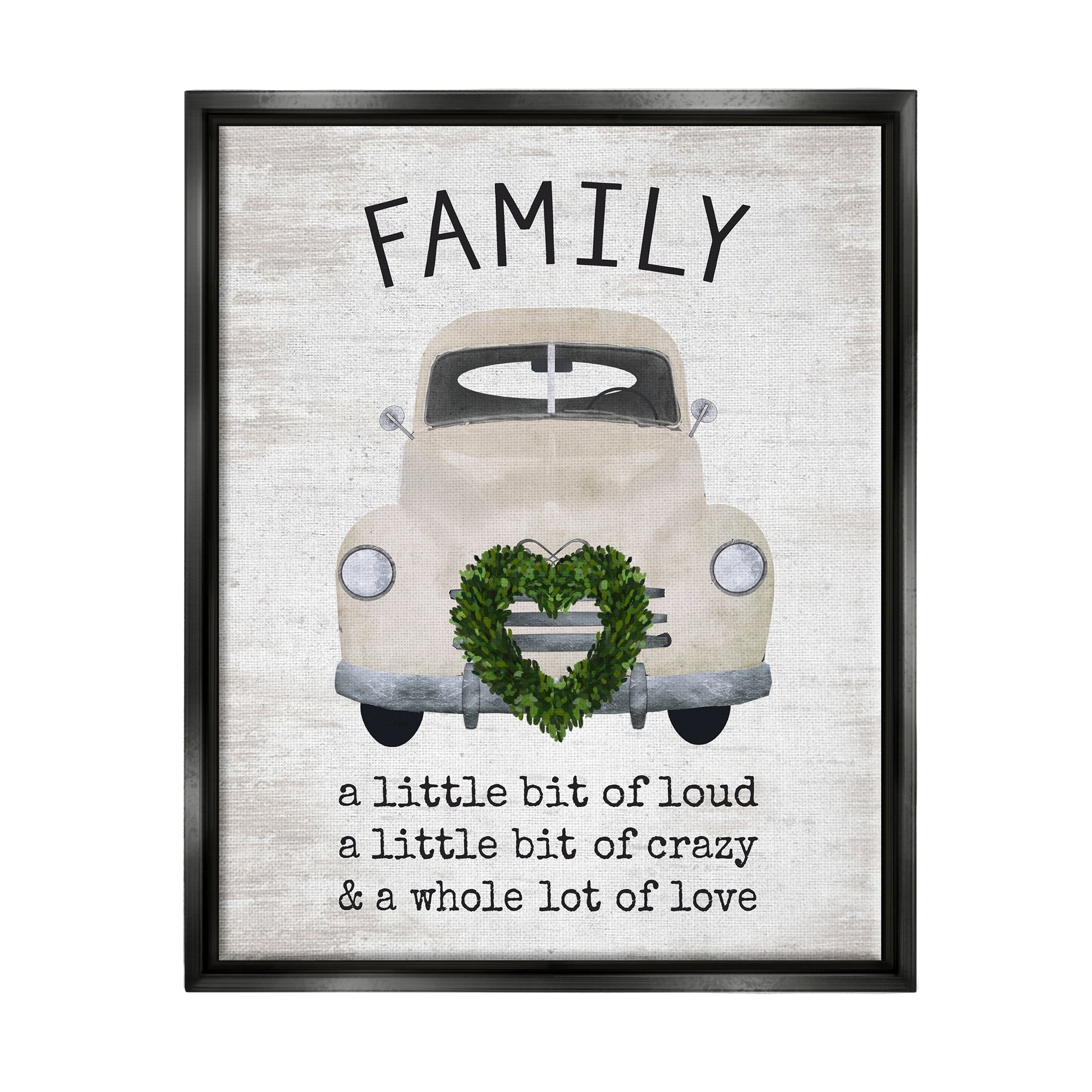 Stupell Industries Wholesome Family Sign Antique Car Heart Wreath Graphic Art Jet Black Floating Framed Canvas Print Wall Art, Design by Lettered and Lined