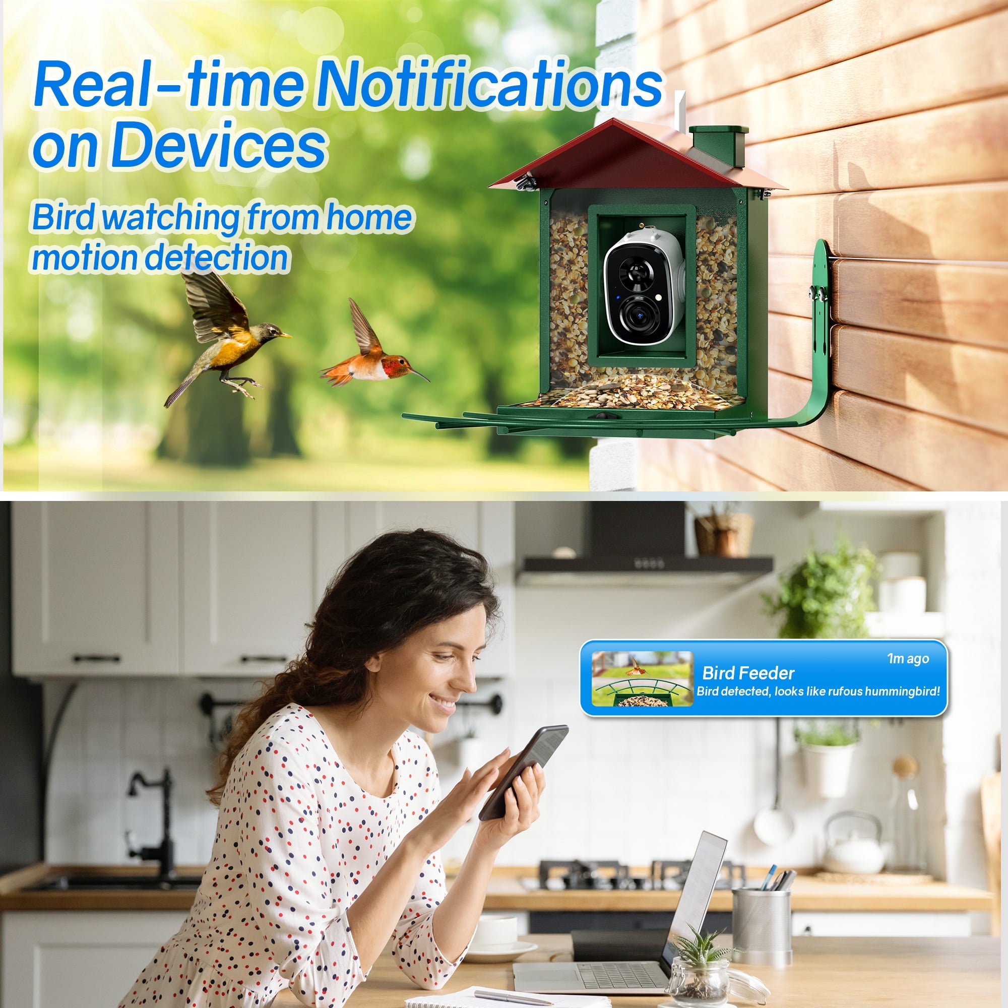 AI Bird Feeder Camera with Solar, 2K Night Vision, Identifies 1000+ Species, Outdoor Gift for Bird Lovers Father's Day Gifts