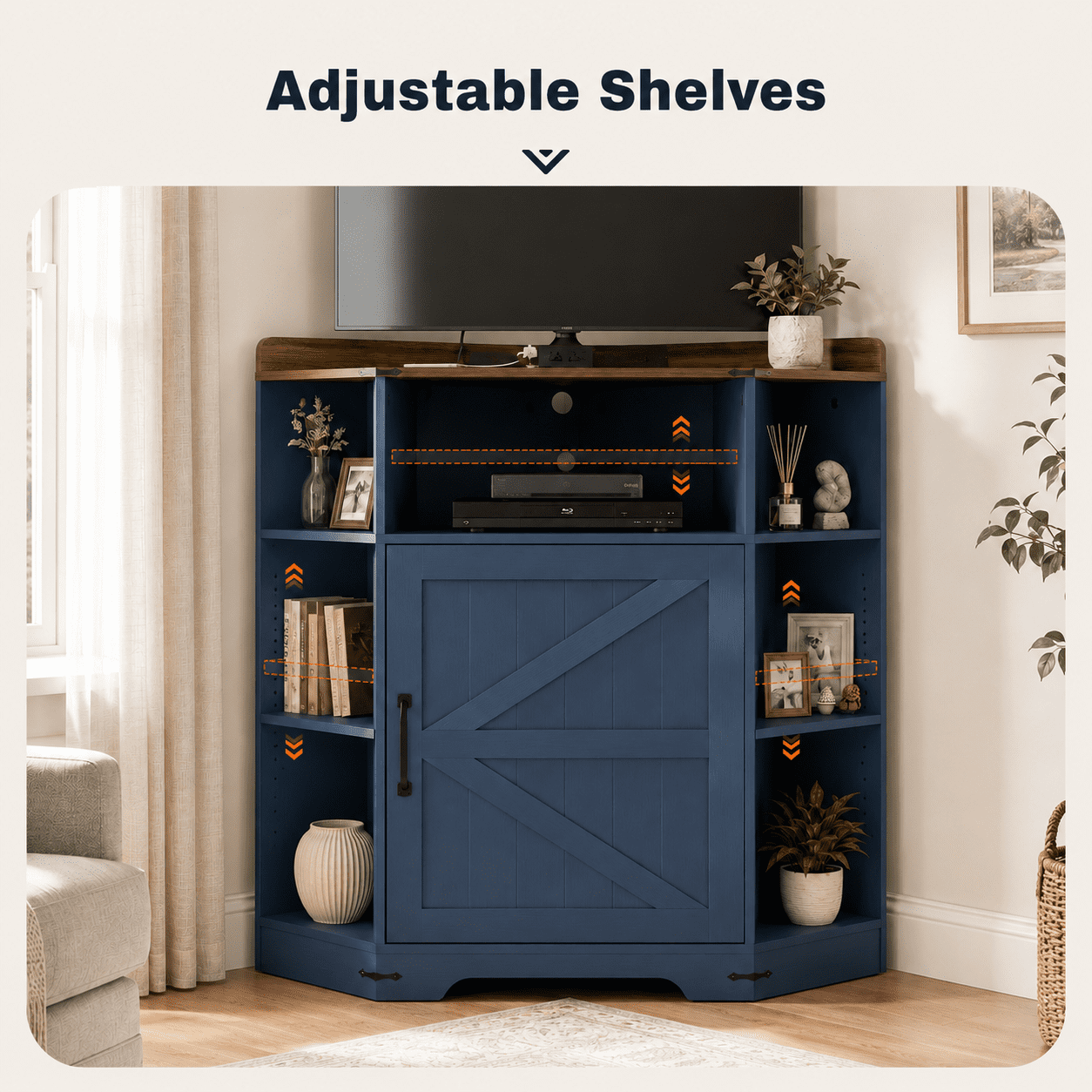 Aukfa Corner Cabinet with Charging Station,3-Tier Storage Shelf with 6 Cubbies, Navy