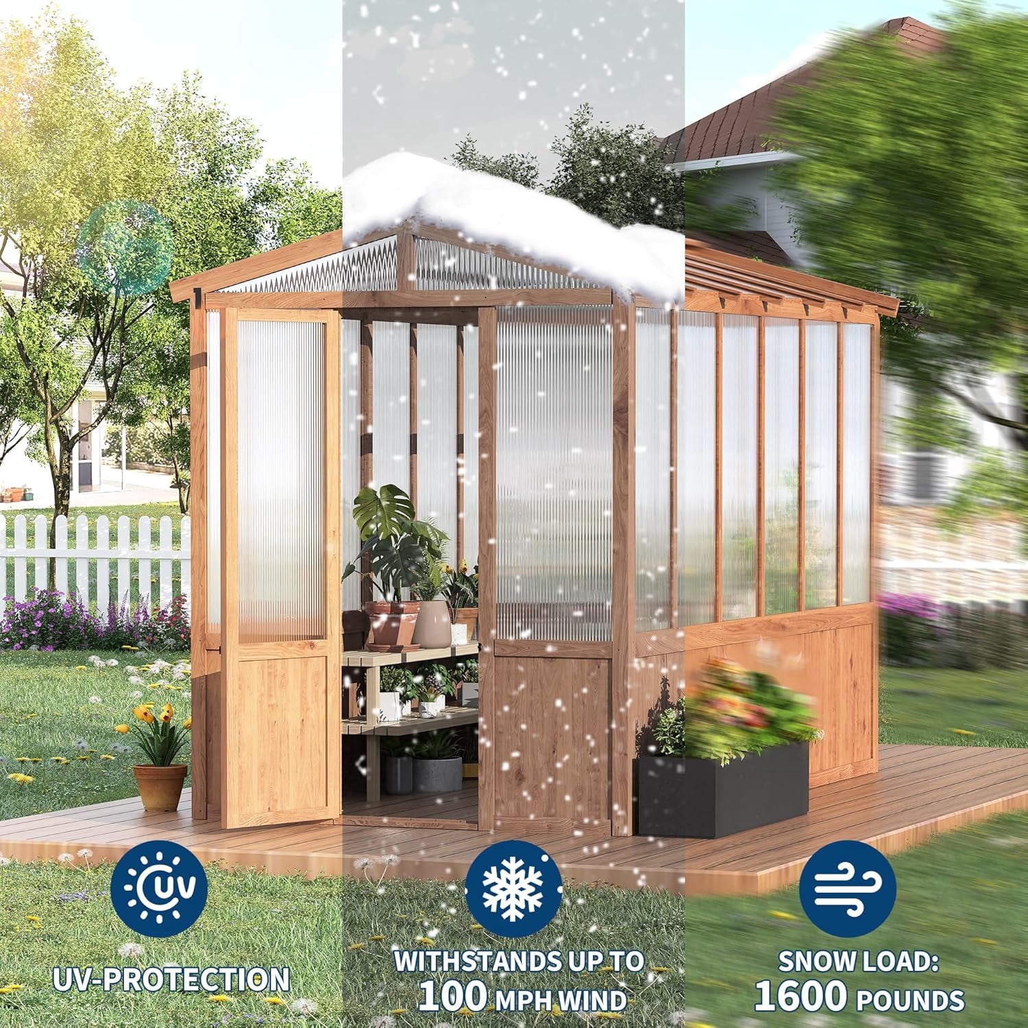 6x10 FT Walk-in Wooden Greenhouse – Cedar Wood Frame, Clear Polycarbonate Panels, Roof Vent, Outdoor Wood Greenhouse for Garden, Backyard & Patio