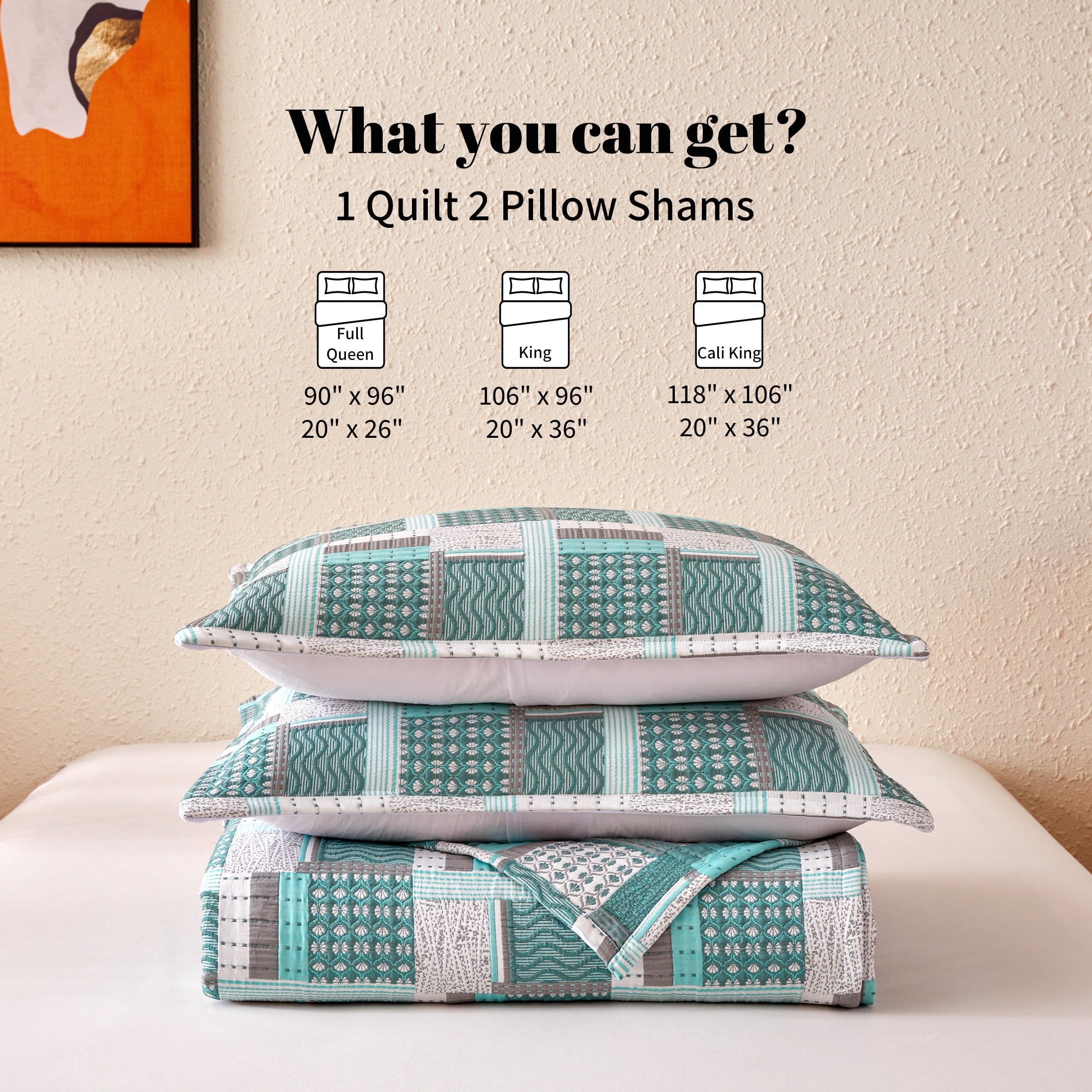 Sonive Boho Patchwork Quilt Set, Lightweight Green Pattern Microfiber Classic Quilts with 2 Pillow Shams, Full/Queen Teal