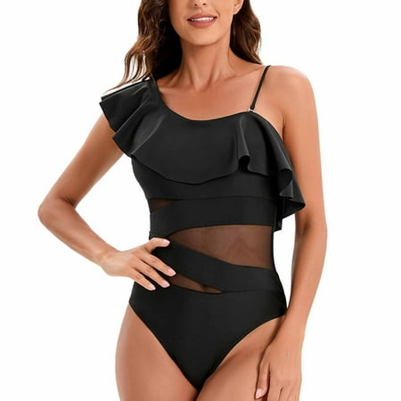Aobny Sheer Casual Women s Swimsuits Ruffle Black Panties Crew Neck Briefs Monokini Comfort Underwears