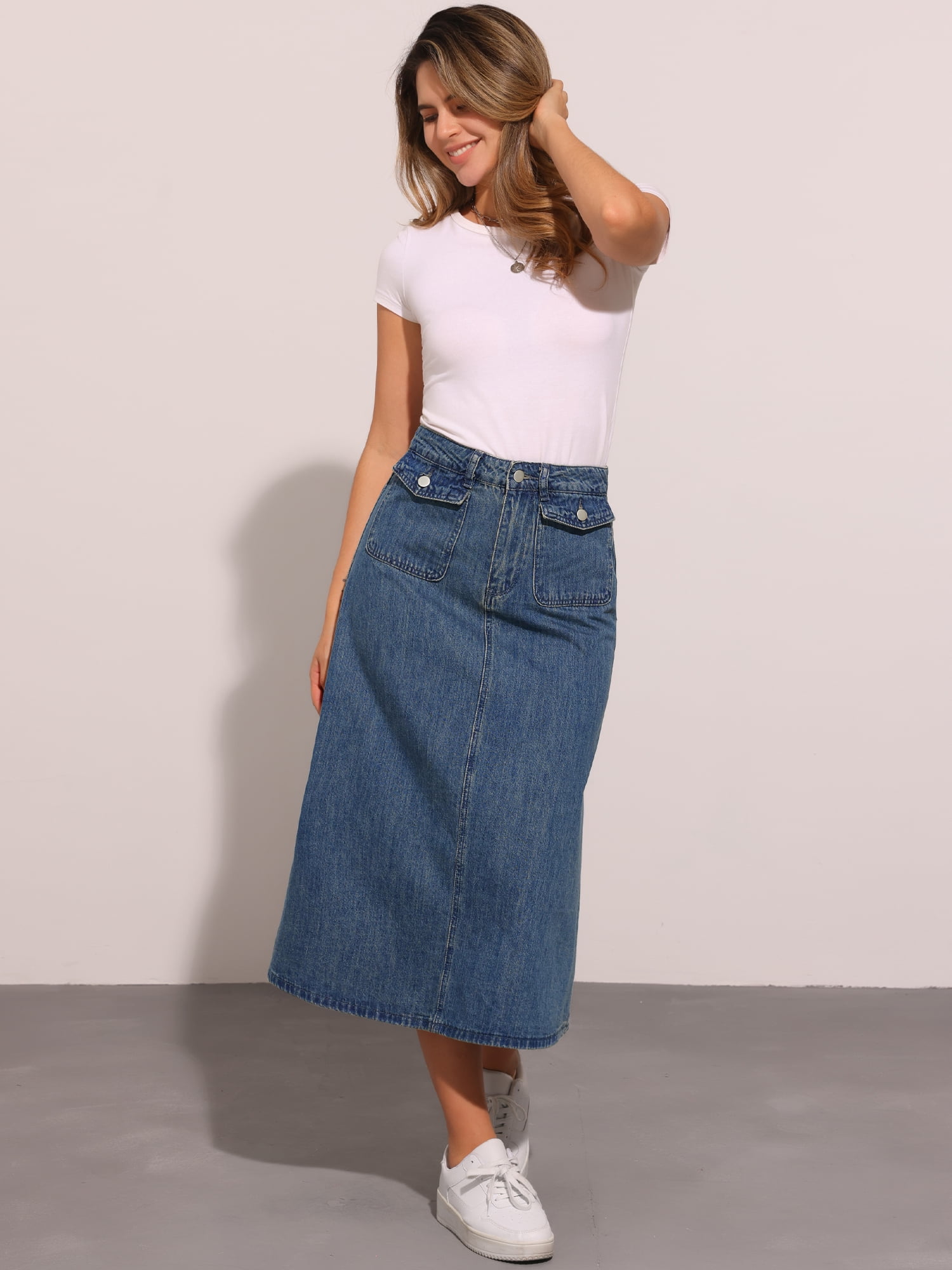 DARING DIVA Women's Flap Pocket A-Line Vintage Denim Maxi Skirt S Vintage Blue