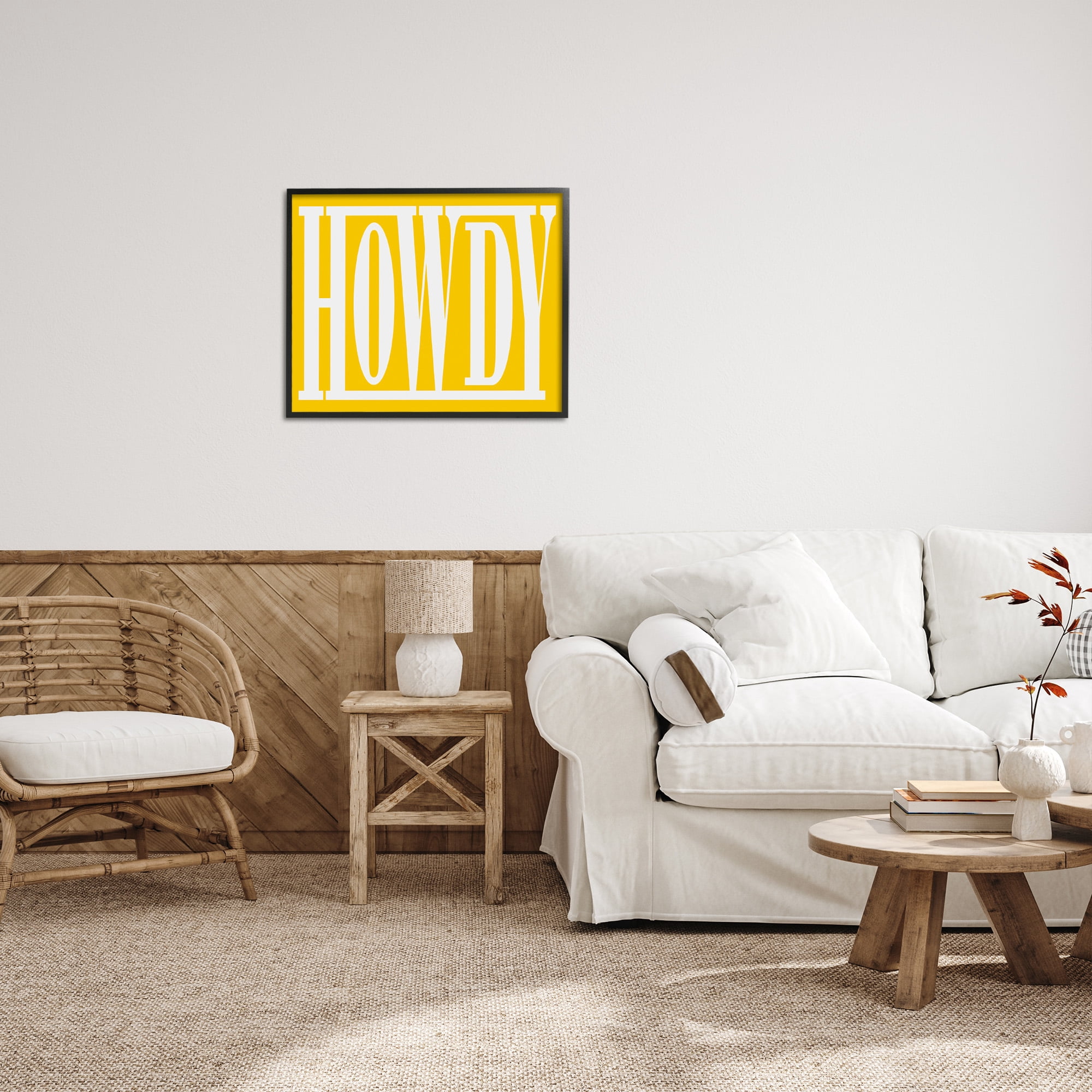 Stupell Industries Howdy Phrase on Yellow Typography Painting Black Framed Art Print Wall Art, 30 x 24