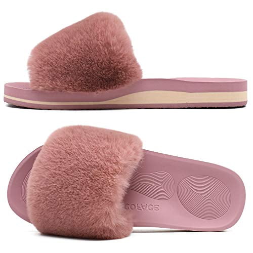 COFACE Womens-Fluffy-Sliders-Faux-Fur-House-Slippers-for-Ladies Memory Foam Women Slip On Sandals Plush Slides Slippers with Arch Support Warm Cozy Open Toe Furry Slippers Indoor for Women 