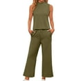 thumbnail image 2 of DIFUOUWE 2 Piece Sets for Women Casual Summer Solid Color Travel Vacation Outfits Sleeveless High Neck Lounge Set （Army Green L), 2 of 5