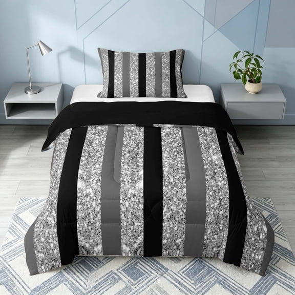 Homewish Geometric Stripe Twin Comforter Sets, Glitter Sequin Bling Print Bedding Set, Black Gray, Black Reversible, 2pcs 1 Comforter and 1 Pillowcase