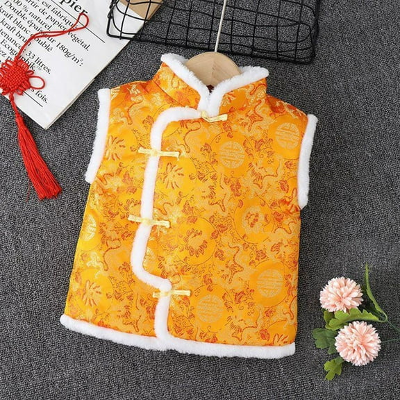 New Years Eve Winter Long Sleeve Toddler Vests for Boys Yellow Kids Fleece Vest Coat Chinese Calendar Year Sleeveless Traditional Tang Suit Tops Infant Baby Performance