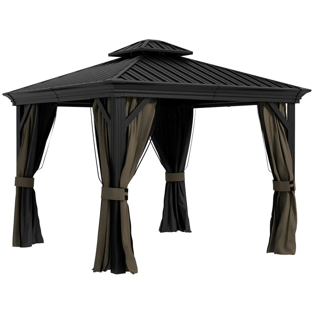 GVN Patio Garden Pergola, Pergola Canopy,10' x 10' Hardtop Gazebo, Pavilion Gazebo with Curtains, Nettings, Hooks, Dark Brown