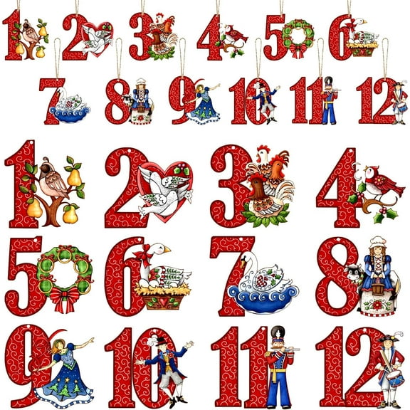 24 Pieces 12 Days of Christmas Ornaments 12-Days of Christmas Wooden Hanging Ornament Retro Twelve Days Xmas Gift Rustic Wooden Tree Hanging Pendants Vintage Christmas Decorations