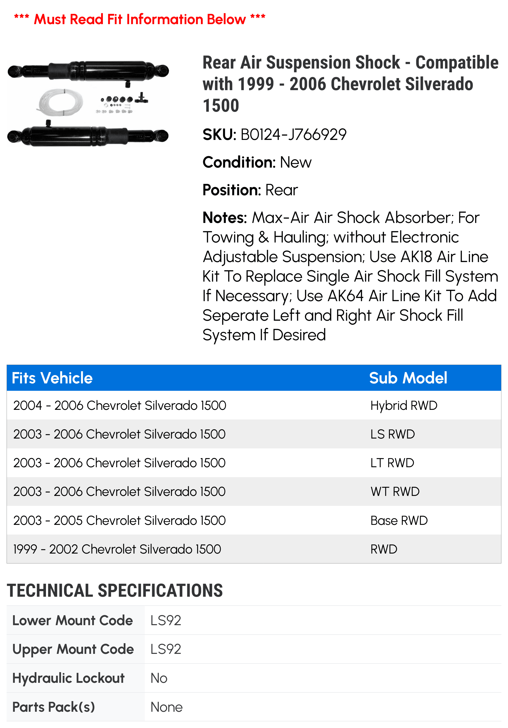 Rear Air Suspension Shock - Compatible with 1999 - 2006 Chevy Silverado 1500 2000 2001 2002 2003 2004 2005