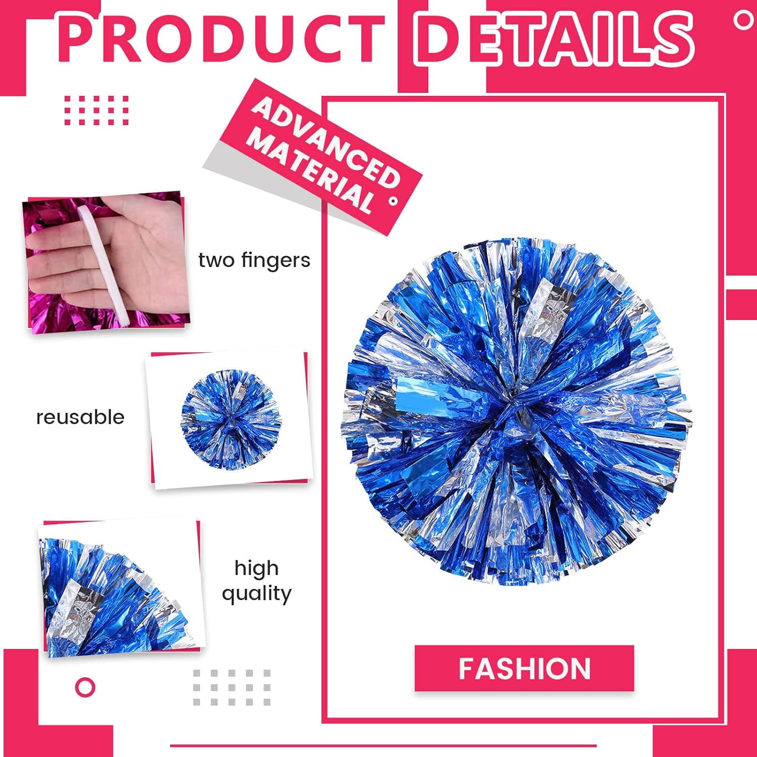 Cheer pom pom, 8 PCS Cheerleading Pom Poms, Premium Metallic Pom Poms Set Cheering Hand Flowers Handle Dance Pom Poms Cheering Squad Pompoms for Football Basketball Cheers