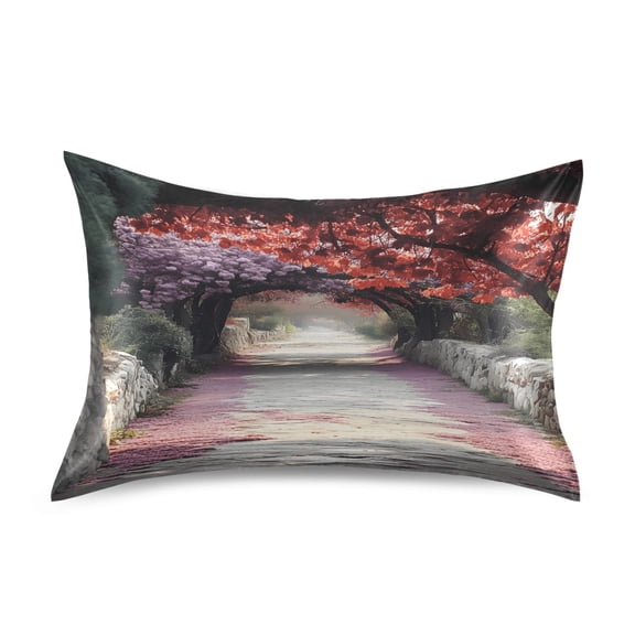 Satin Pillow Case Standard Silk Pillow Cover for Hair and Skin Envelope Closure Path with Trees and Flowers 20"x26"