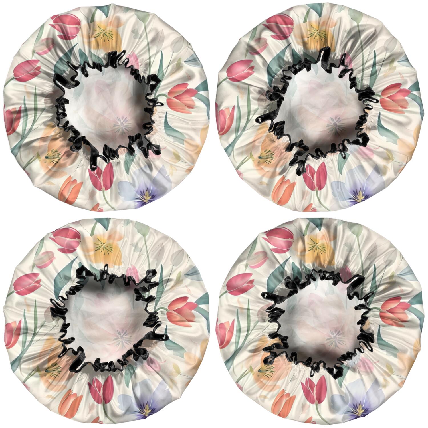 Shower Caps,Pioneer Flower Floral Print Pattern Waterproof Shower Cap for Women 4 Pieces,Double Reusable Hair Cover for Shower PEVA Elastic Stretch Hem