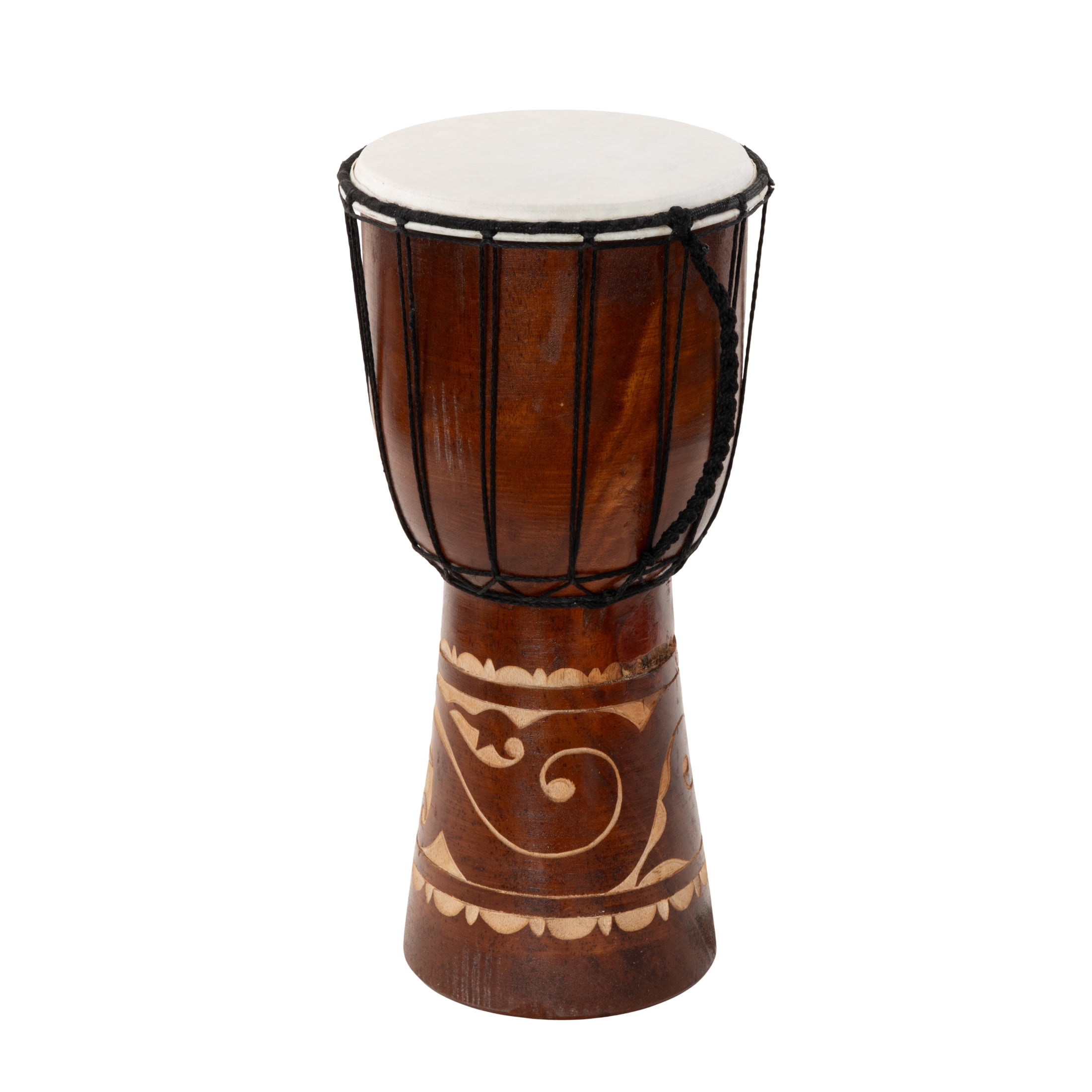 DecMode Eclectic Handmade Djembe Wood Drum Sculpture, 9"W x 16"H Features Ornate/Cow Leather Top Details and Polished Brown Finish