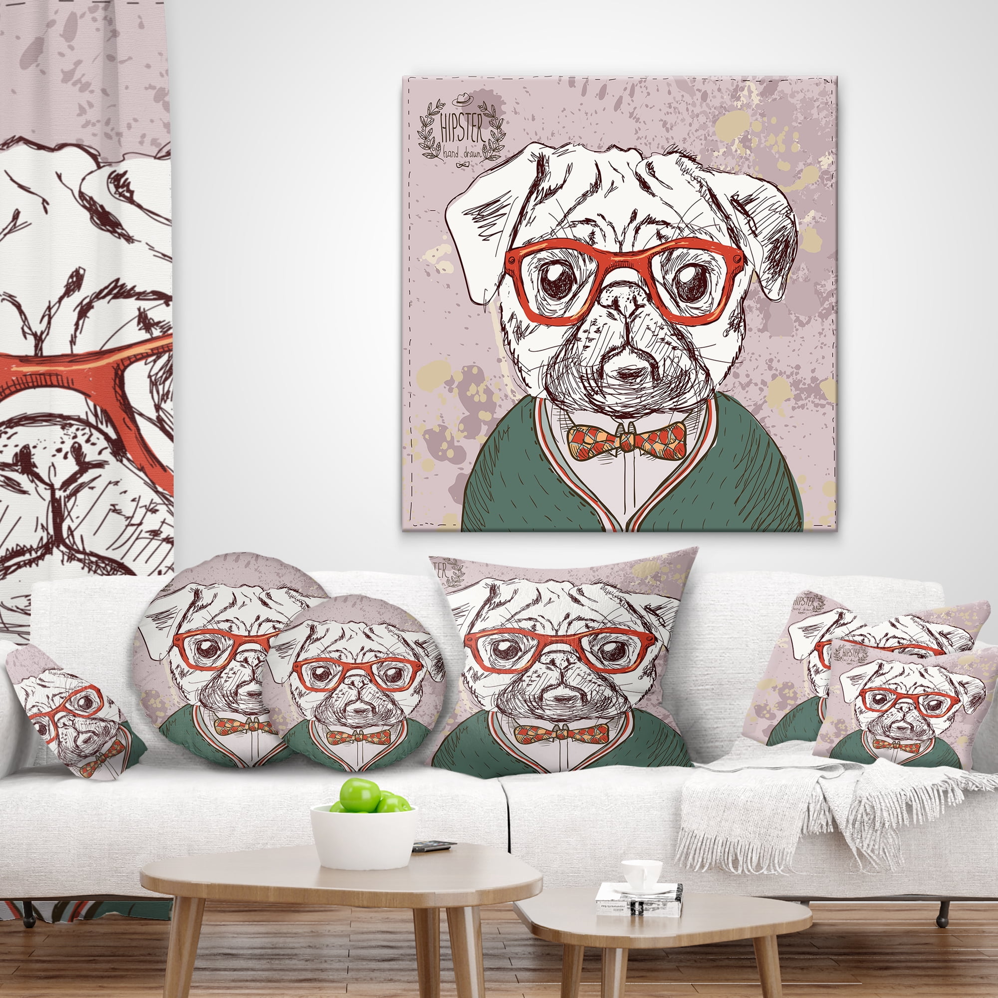Designart Hipster Pug Dog in Vintage Style - Animal Throw Pillow - 12x20