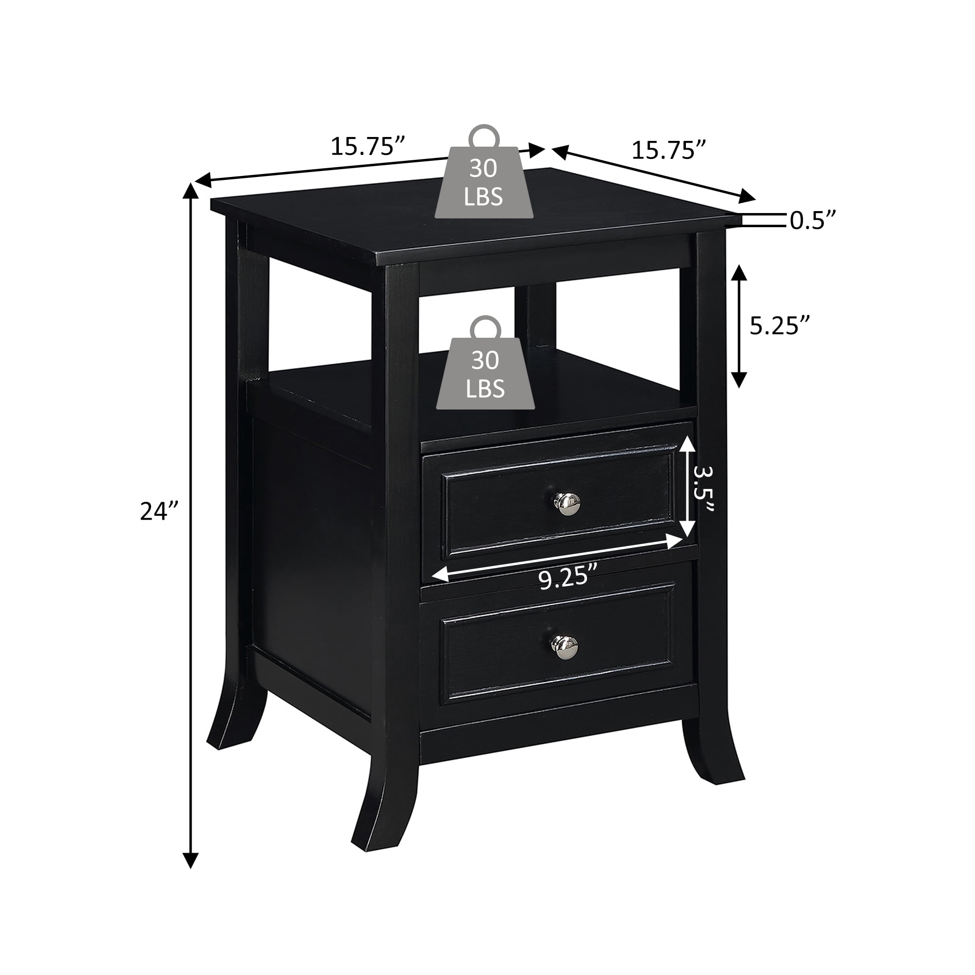 Convenience Concepts Melbourne 2 Drawer End Table with Shelf, Black