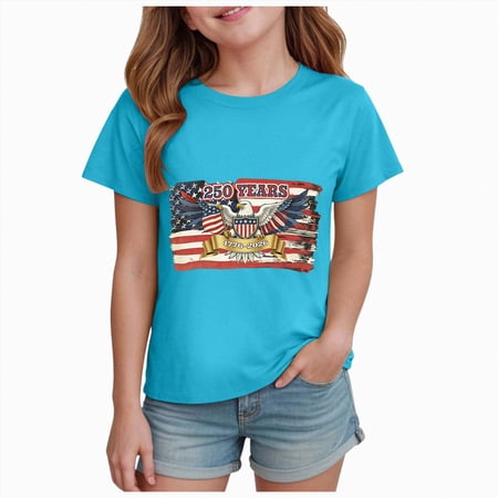 Ymyiu Kids USA Shirt 4th of July Shirt Outfit Short Sleeve USA Embroidery Patriotic Independence Day T-Shirt Top Size 13-14 Years(Sky Blue 13-14 Years)