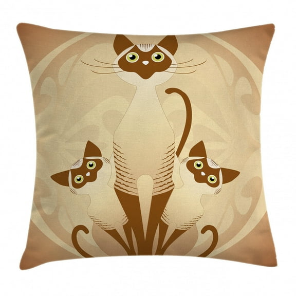 Animal Throw Pillow Cushion Cover, 3 Cats Feline Familly Siamese Babies Kittens with Ivy Background, Decorative Square Accent Pillow Case, 18" X 18", Brown Tan, by Ambesonne