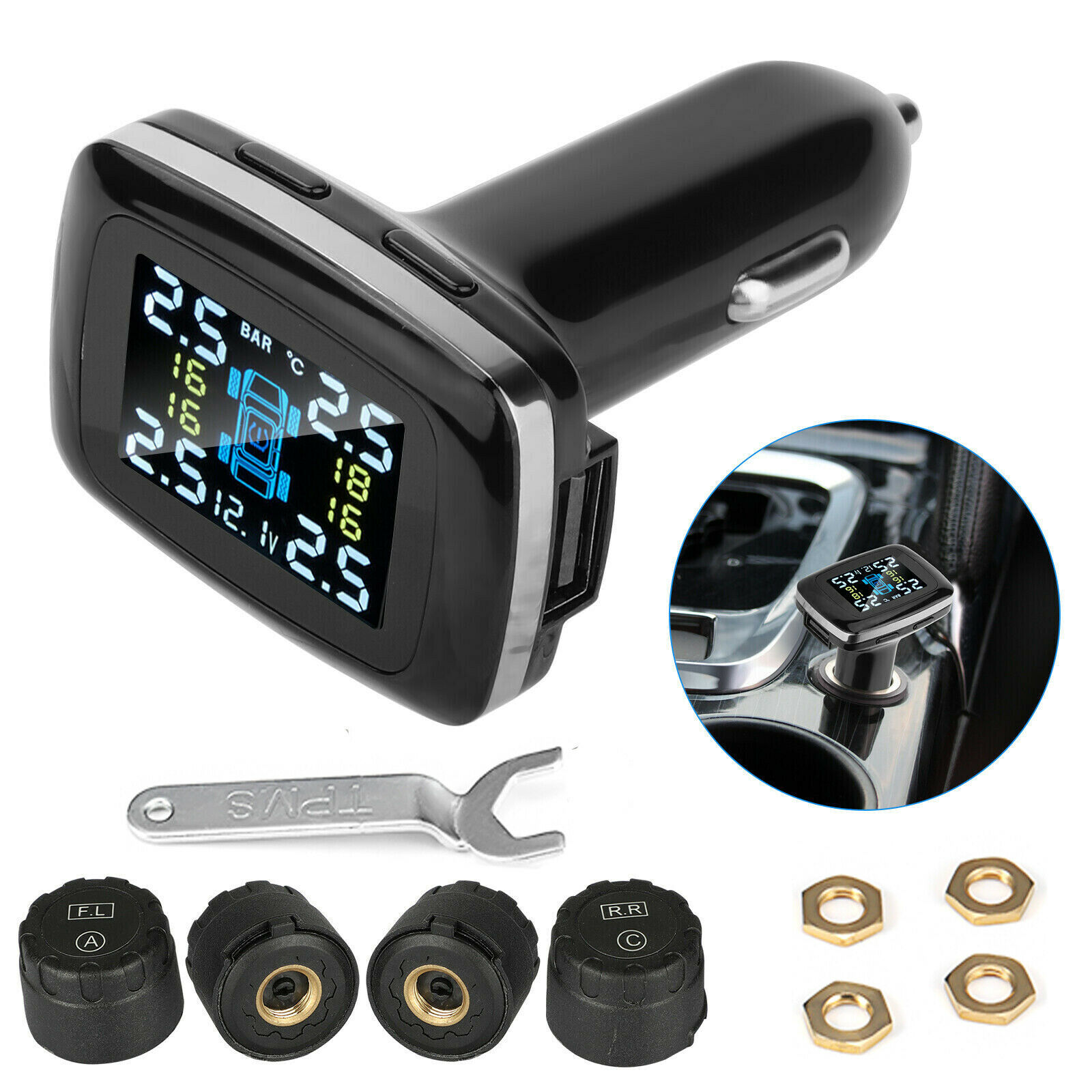 TPMS LCD Tire Pressure Monitoring System Cigarette Lighter Wireless w