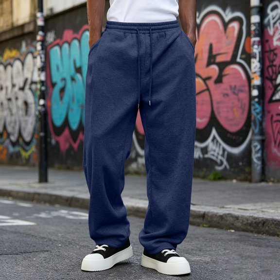 Mens Joggers, Loose Fit Wide Leg Sweatpants, Elastic Waist Casual Daily Jogger Trousers With Pockets Dark Blue XL