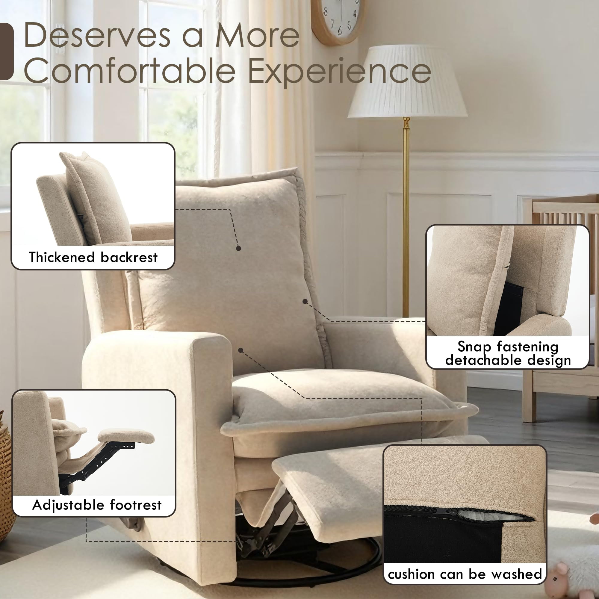 Beige Swivel Rocker Recliner Chair, Merino Wool Manual Rocking Chair for Teens, Bedroom, Gaming Room & Living Room Christmas Gift