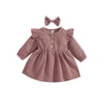 thumbnail image 1 of Qmyliery Baby Girl Solid Color Dress Long Sleeves Dress Bow Headband Gifts Cute, 1 of 9