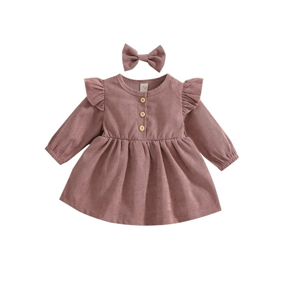 Qmyliery Baby Girl Solid Color Dress Long Sleeves Dress Bow Headband Gifts Cute