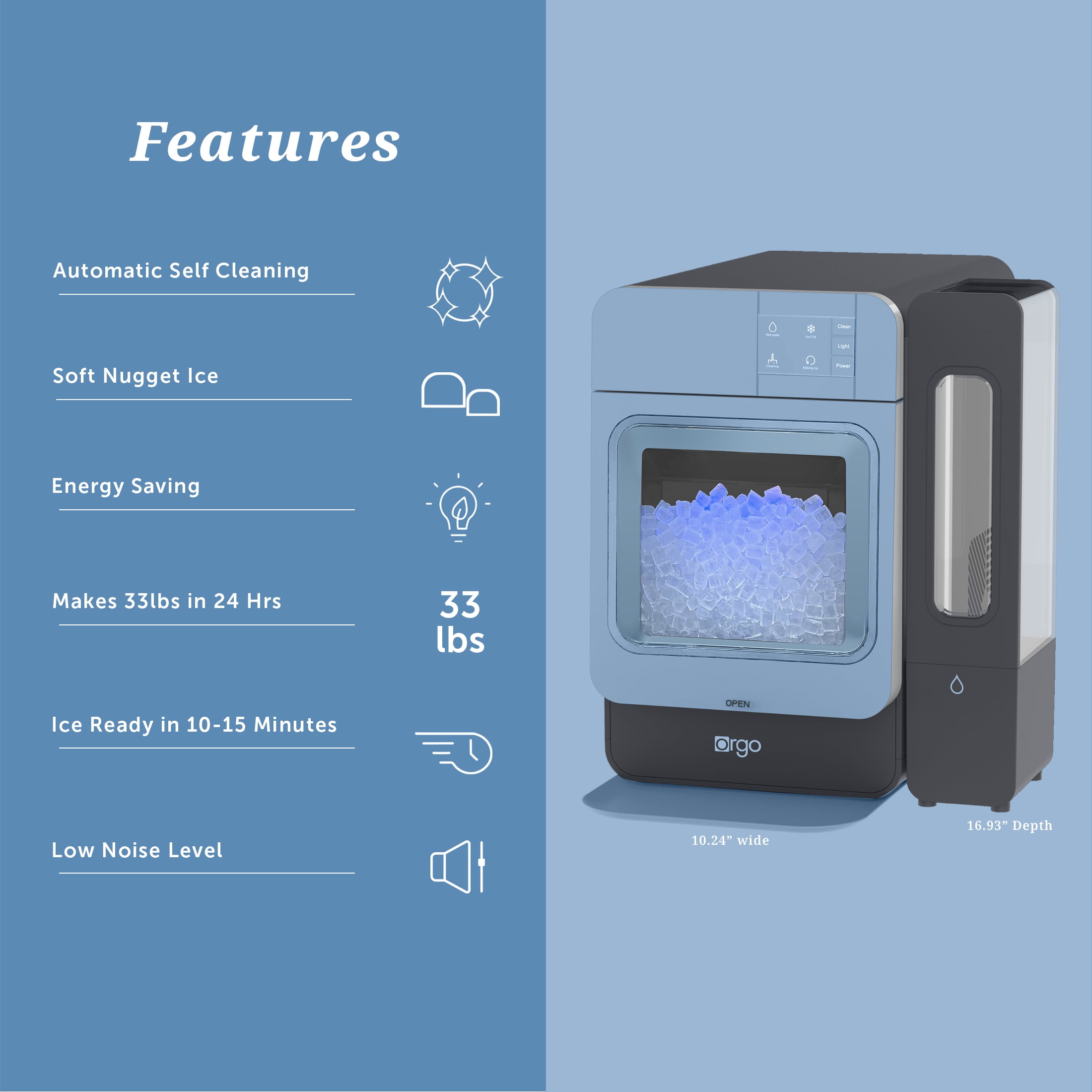 Orgo Products Sonic Countertop Ice Maker, Nugget Ice, 33lbs, Blue