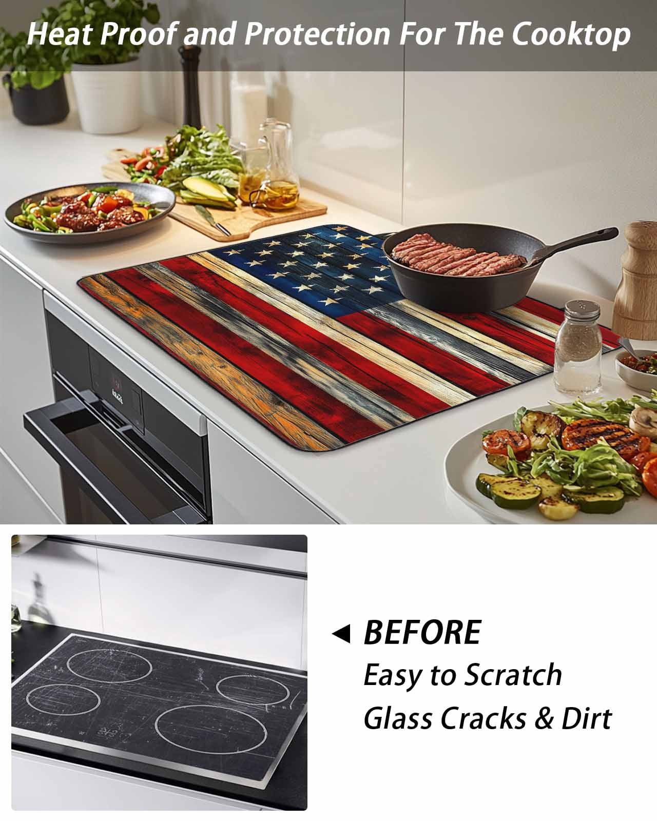 Stove Top Covers for Electric Stove, Retro American Flag Glass Stovetop Cover Protector, Blue Red USA Flag Vintage Wood Induction Cooktop Protector Oven Mat for Kitchen Countertop 31"x24"