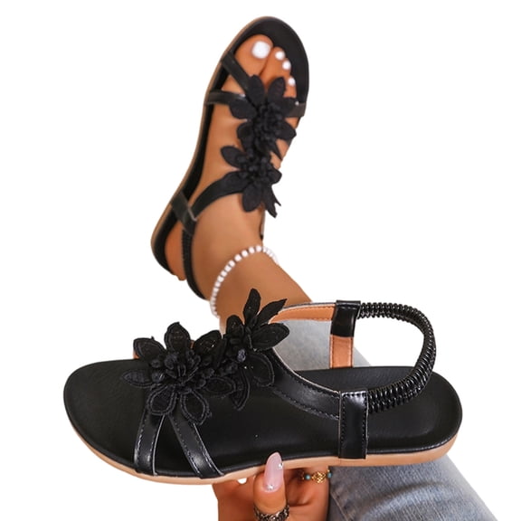 hoksml Women's Floral Applique Flat Sandals, Elastic Ankle Strap Open Toe Shoes for Summer and Casual Wear