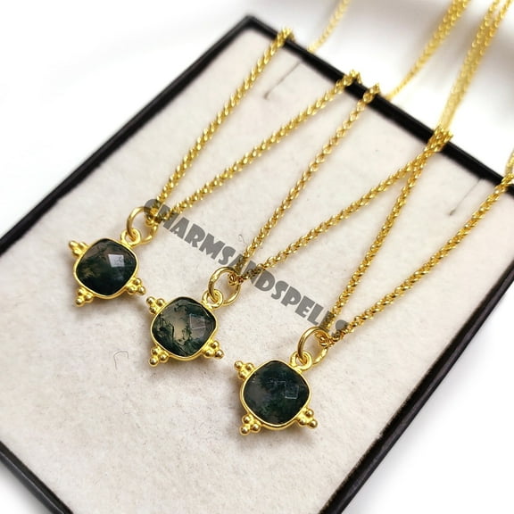 Charms And Spells Green Moss Agate Pendant, 925 Sterling Silver, Cushion Shape, Birthday & Anniversary Gift for Her
