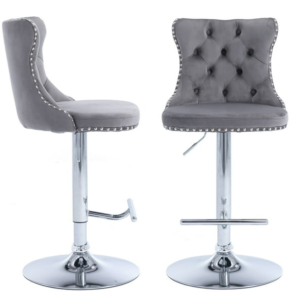 ODUSE-DAILY Gray Velvet Bar Stools Set of 2 - Adjustable Swivel Counter Height Chairs with Tufted Back and Nailhead Trim for Kitchen Island Pub Restaurant (2Pcs, Chrome Metal, Grey)
