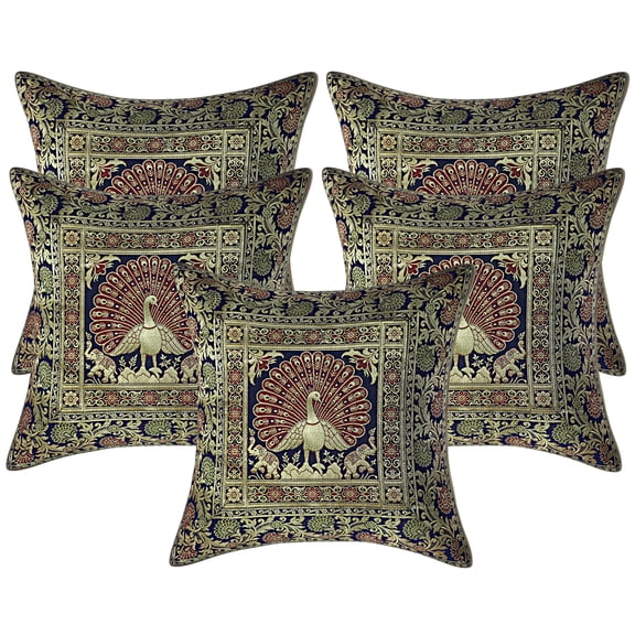 Stylo Culture Ethnic Boho Brocade Navy Blue And Gold Throw Pillow Covers 16x16 Jacquard Weave Banarsi Decorative Throw Pillow Covers Dancing Peacock Floral 40x40 cm Cushion Covers (Set Of 5)