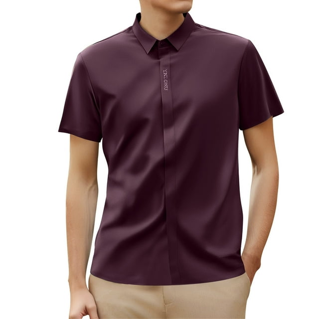 Men's Business Casual Tee Shirt Solid Color Short Sleeve Button Down Wear Smooth Comfortable Top