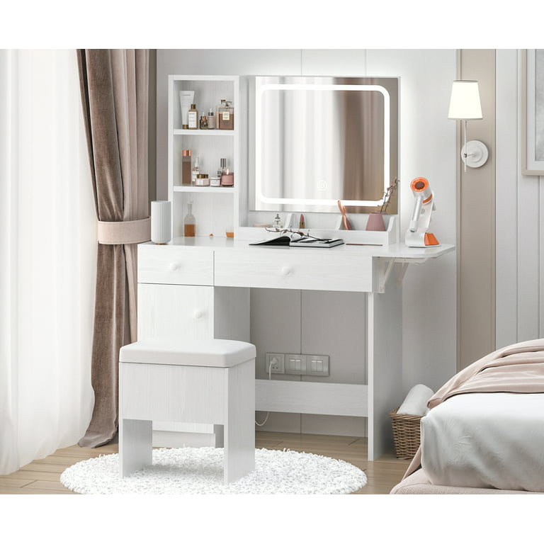 IRONCK Vanity Desk Set with LED Lighted Mirror & Power Outlet, 7 Drawers  Makeup Vanities Dressing Table with Stool, for Bedroom, White 