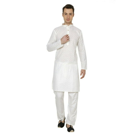 Mens Cotton Chikan Lucknowi Indian Kurta Pyjama Bollywood Style Ethnic Costume