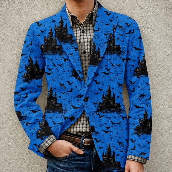 Domuza Mens Halloween Blazer Casual Long Sleeve Corduroy Suit Jackets Sports Coats One Button Business Jacket with Pockets Blue M