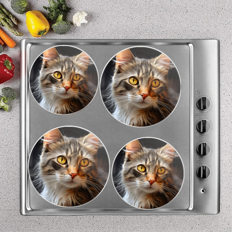 BaHomeck Electric Stove Burner Covers Set of 4,Round Metal Gas Stove Burner Covers 8 Inch and 10 Inch,Kitchen Decor,Beautiful Fluffy Cat With Yellow Eyes