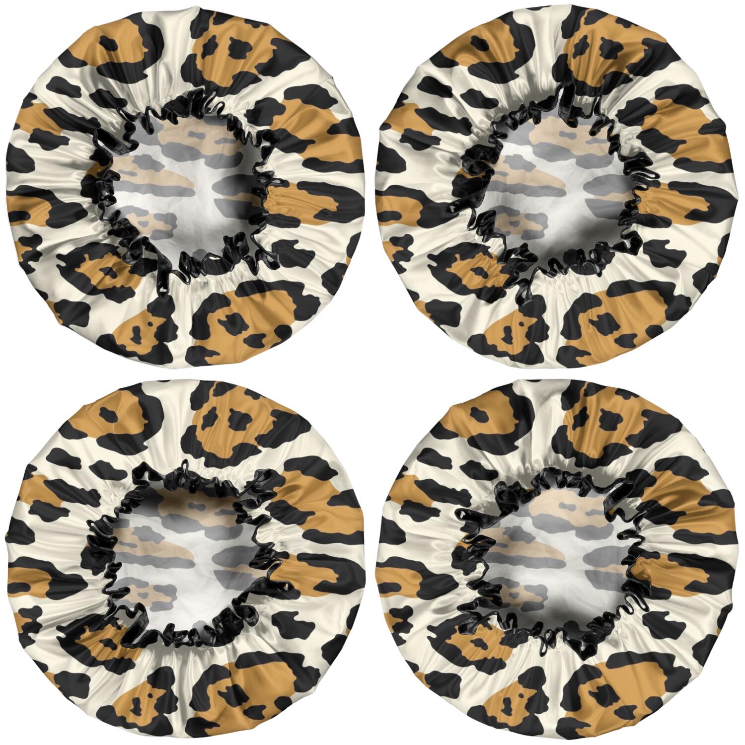 Shower Caps,Beige and Black Of Leopard Print Waterproof Shower Cap for Women 4 Pieces,Double Reusable Hair Cover for Shower PEVA Elastic Stretch Hem