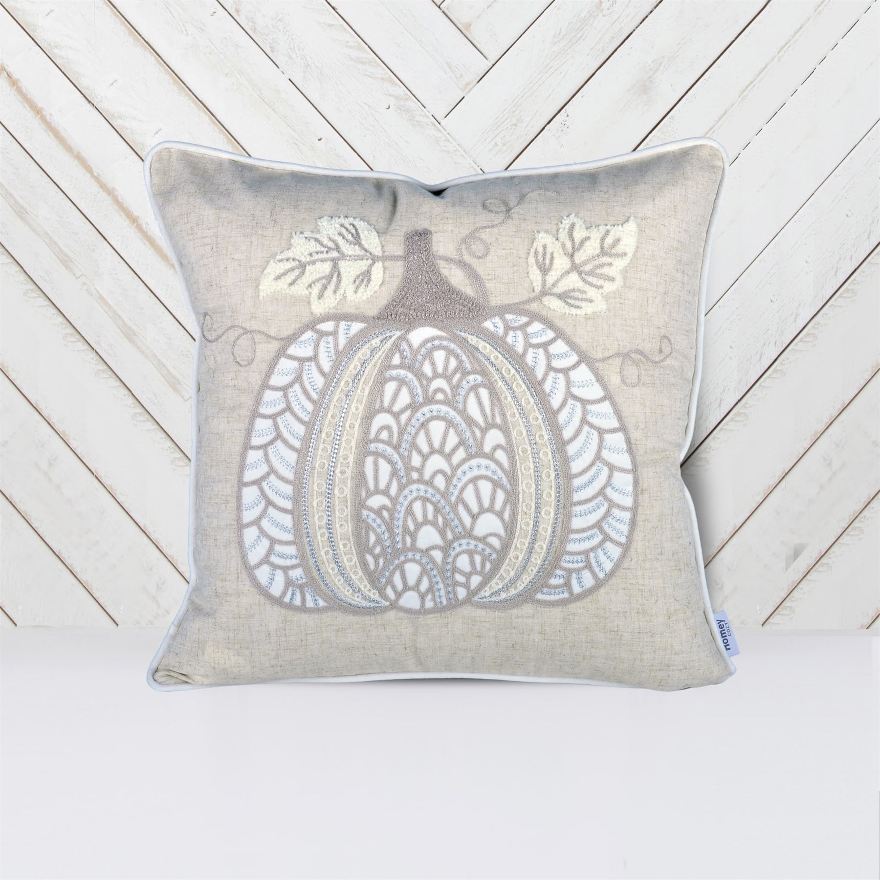 Holiday Harvest Beige Embroidered Pumpkin Graphic Polyester 20 in. x 20 in. Decorative Throw Pillow