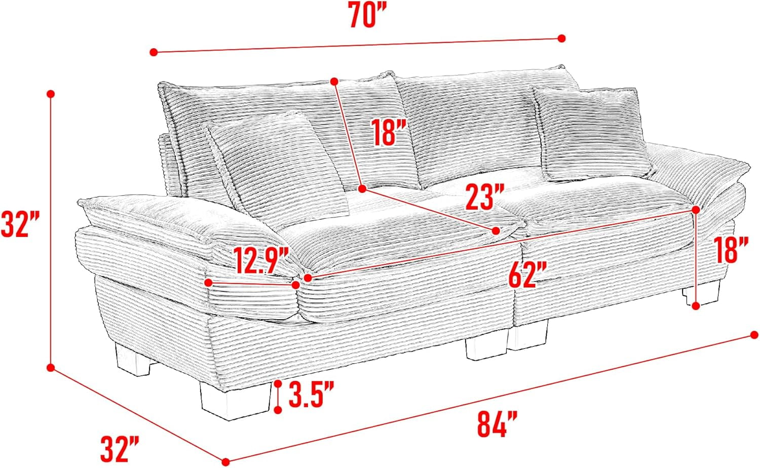 AENKYO 84" Corduroy Loveseat Sofa with Pillows, Modern 2-Seater Couch for Living Room,Pink