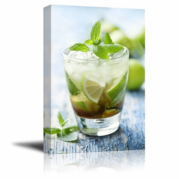 Canvas Prints Wall Art - Fresh Mojito on a Rustic Table Beverage/Wine Photograph | Modern Wall Decor/Home Decoration Stretched Gallery Canvas Wrap Giclee Print & Ready to Hang - 24" x 16&quo