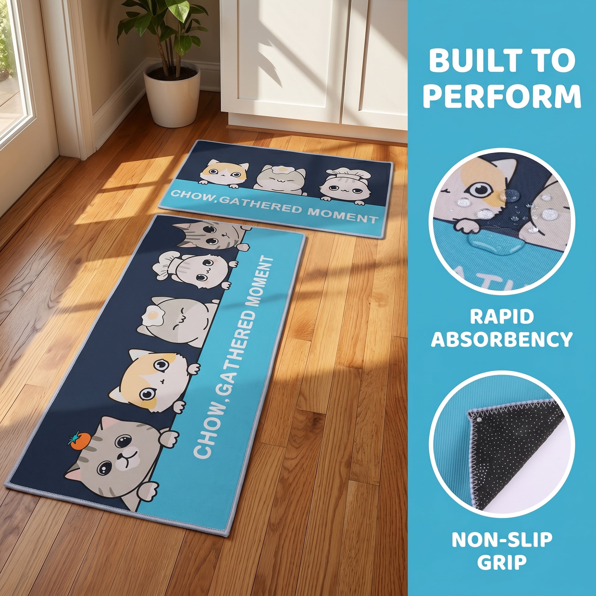 Unique Bargains Non Slip Cat Floral Printed Kitchen Rugs and Mat Dark Blue 31"x20"+47"x20"