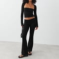 thumbnail image 4 of Biezeib Women’s 2 Piece Fall Outfits Long Sleeve Square Neck Crop Tops + Flare Pants Set Streetwear, 4 of 6